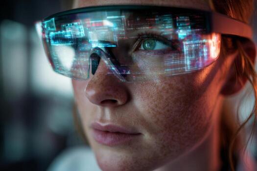 un mujer con pecas atentamente examina digital información desplegado en su inteligente lentes en un moderno tecnología laboratorio. el ambiente ligero refleja el avanzado tecnología alrededor su foto