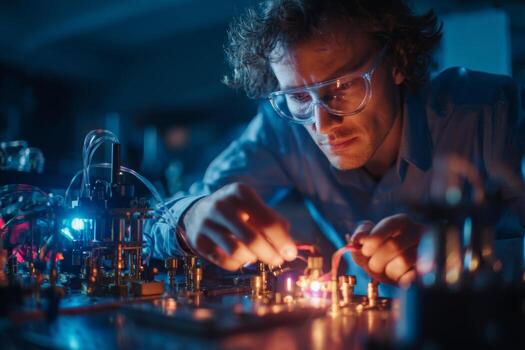 A scientist in protective eyewear works intently on a complex circuit board with various electronic components, surrounded by dim blue lighting, creating a focused and intense atmosphere photo