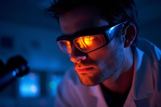 In a dark laboratory, a scientist wearing protective glasses closely inspects samples under a microscope, illuminated by a vivid orange light. The atmosphere is focused and intense photo