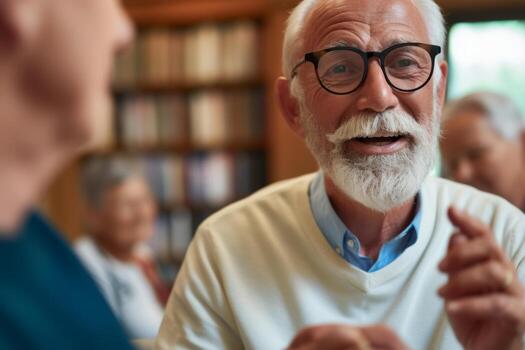 A friendly elderly man shares a joyful moment with friends in a warm library atmosphere. Laughter and engaging discussion fill the air as they connect over shared experiences photo