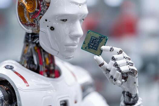 A robotic entity inspects a computer processor with precision in a modern laboratory filled with advanced technology. The setting showcases innovation and engineering prowess photo