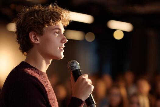 A young man confidently speaks into a microphone, sharing ideas with a captivated crowd in a well-lit modern venue during the evening hours photo