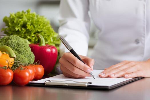 A chef wearing a uniform writes a grocery list on a notepad surrounded by fresh vegetables including tomatoes, broccoli, and bell peppers while planning a menu photo