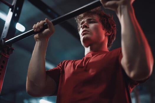 A young man engages in pull-up exercises at a fitness gym, focused on his training routine. The gym is dimly lit with colorful lights, creating a motivating atmosphere for workout enthusiasts photo