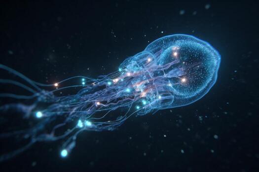 A vibrant jellyfish gracefully moves through the dark depths of the ocean, emitting a stunning bioluminescent glow while its tentacles trail behind, showcasing mesmerizing patterns and colors photo