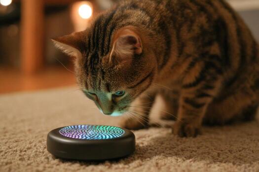 Feline examines a vibrant light pattern on a circular device while resting on a soft carpet. The warm ambiance of the living room adds comfort to the setting photo