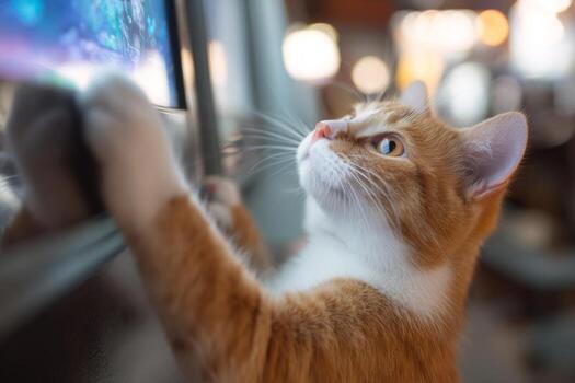 un naranja y blanco gato se inclina en contra un pantalla, sus atención capturado por el vibrante efectos visuales el ajuste sugiere un acogedor interior espacio, destacando el gatos inquisitivo naturaleza foto
