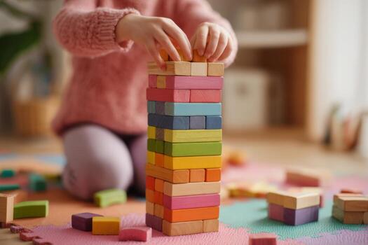In a welcoming indoor space, a child stacks vibrant building blocks, enhancing fine motor skills and creativity while sitting on a soft rug. The atmosphere is filled with joy and imagination photo
