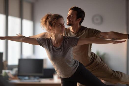 en un brillante oficina ambiente, un Pareja realiza yoga poses enfocado en equilibrar y unidad. el atención es en trabajo en equipo y conexión mientras disfrutando aptitud juntos foto