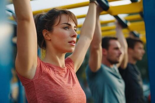 Group of individuals participates in an outdoor strength training session at a park in the evening. They focus on bodyweight exercises using pull-up bars while enjoying fresh air photo