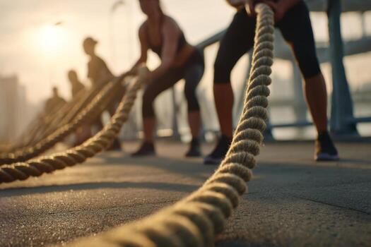 Fitness enthusiasts pull heavy ropes in a group exercise session along a waterfront as the sun sets, creating a dynamic and motivational atmosphere for training photo