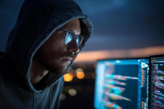Person wearing a hoodie intently examines multiple screens filled with colorful code in a dark room. Soft lighting from outside enhances the immersive atmosphere ideal for programming photo