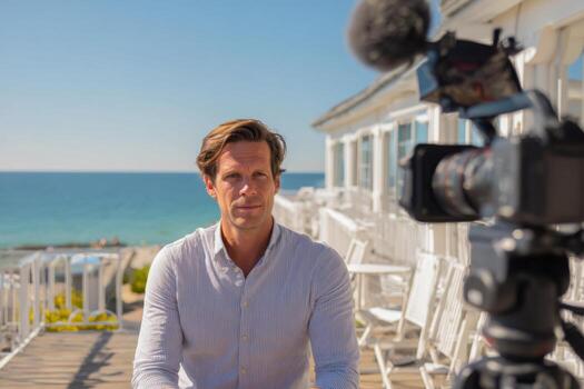 A man prepares for an interview on a sunlit terrace overlooking the beach. With a camera focused on him, he displays confidence amidst the scenic view of the ocean photo