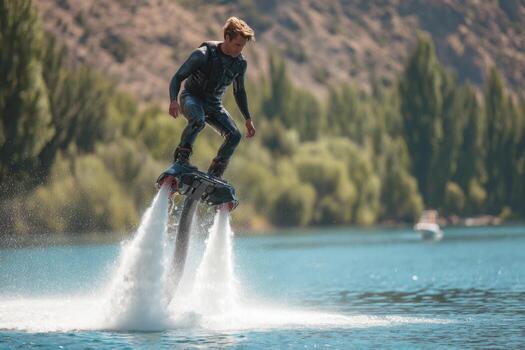 A skilled athlete is soaring above the calm waters of a lake using a flyboard, with lush trees and rocky hills in the background. The sun is shining brightly as he performs impressive tricks photo