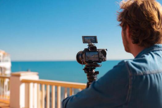 A person is using a camera on a tripod to take pictures of the ocean from a balcony. The clear blue sky and calm water enhance the serene atmosphere of the location during sunset photo