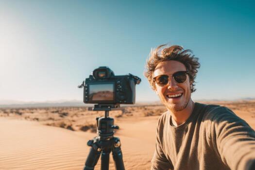 un joven hombre sonrisas en general mientras tomando un selfie en un Desierto ajuste como el Dom conjuntos él soportes siguiente a un montado en trípode cámara, rodeado por dorado arena dunas foto