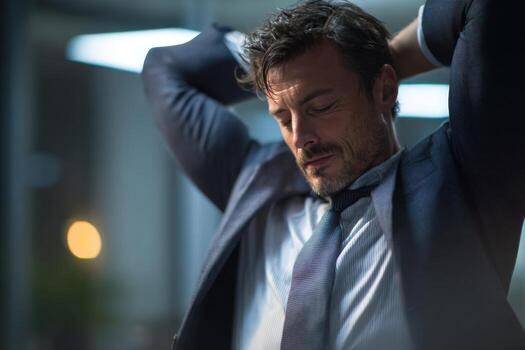 A man in a suit sits in an office, stretching his arms behind his head. The atmosphere reflects a blend of exhaustion and relief after a challenging workday. Soft lighting sets a calming tone photo