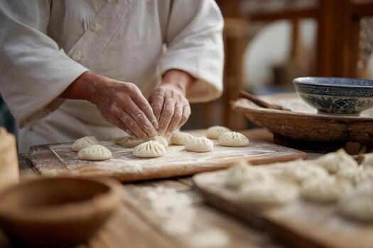 A skilled cook shapes dumplings on a wooden surface covered in flour while working in a warm, rustic kitchen during daylight hours. The atmosphere is inviting and rich with culture photo