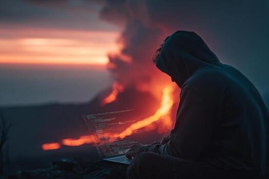 un persona se sienta en rocoso suelo, enfocado en codificación en un ordenador portátil mientras ardiente lava fluye y fumar subir desde un cerca volcán durante atardecer, creando un dramático atmósfera foto