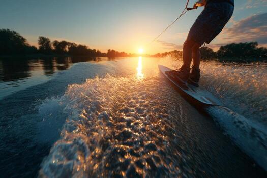A wakeboarder glides effortlessly over smooth water as the sun sets, casting beautiful orange and pink hues across the sky. Water splashes around, creating a dynamic atmosphere photo