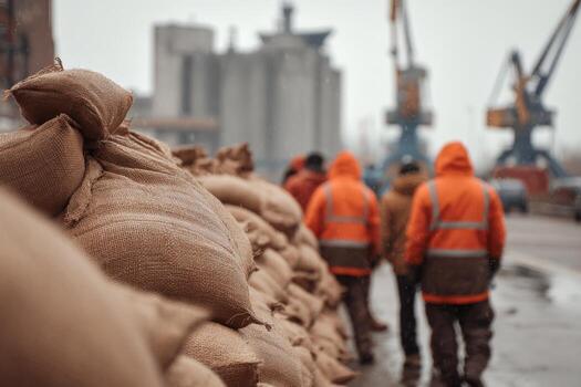 Workers dressed in bright orange jackets walk beside stacks of burlap sacks at a busy port. Cranes and industrial structures loom in the foggy background photo