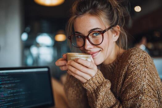 un mujer con lentes sorbos café y sonrisas mientras sentado a un cafetería. su ordenador portátil muestra código, y el calentar ajuste agrega a el relajado ambiente de su trabajando día foto