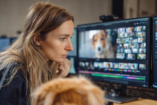A focused creative professional is editing videos of dogs on a computer in a contemporary workspace. The environment features multiple screens with clips and images of various dogs photo