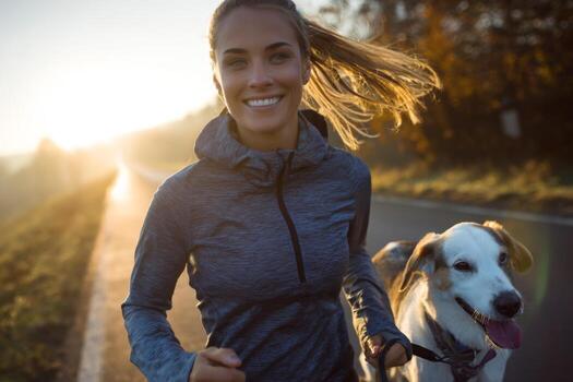 A woman is joyfully running with her dog on a park trail during early morning. Sunlight filters through trees, creating a warm, inviting atmosphere as they enjoy their exercise photo