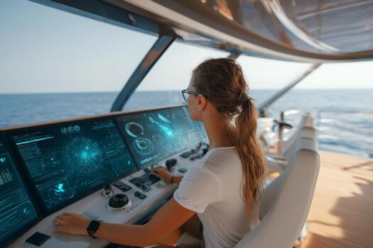 A woman is focused on navigating a yacht at sea, using advanced technology and screens to monitor her course and surroundings. The bright sun enhances the serene atmosphere photo