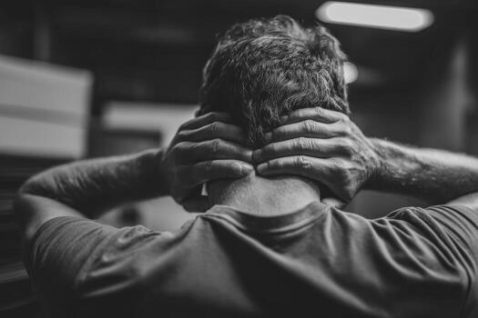A young man stands with his back to the camera, gripping his neck with both hands in a dim indoor space. He appears to be dealing with stress or discomfort, showcasing a moment of vulnerability photo
