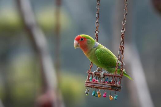A vibrant parrot is perched on a small swing adorned with colorful beads. It enjoys the warm sunshine while surrounded by a rich green landscape filled with trees photo