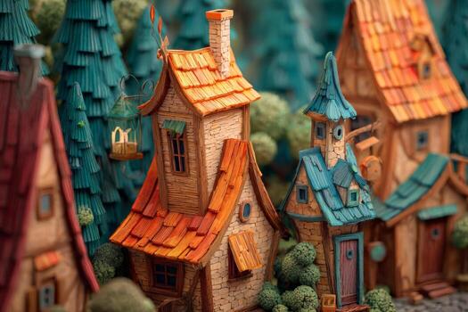 Tiny handcrafted homes with vibrant roofs and textured walls create an enchanting village nestled in a lush forest filled with towering trees and greenery photo