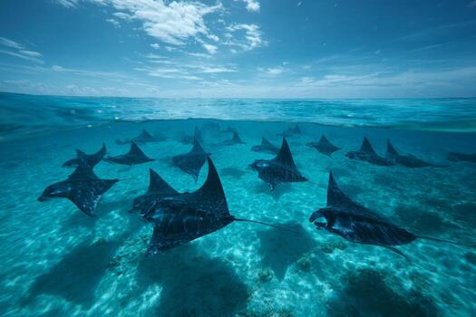 A captivating view depicts a group of mantas gliding through crystal clear waters. Sunlight creates shimmering patterns as they move effortlessly. The scene showcases the beauty of marine life photo