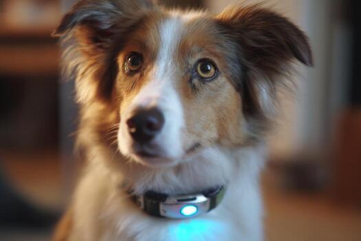 A dog with a mix of brown and white fur sits attentively in a warm, inviting indoor space. The collar features a blue light, adding a modern touch. Soft lighting highlights the dogs expressive eyes photo
