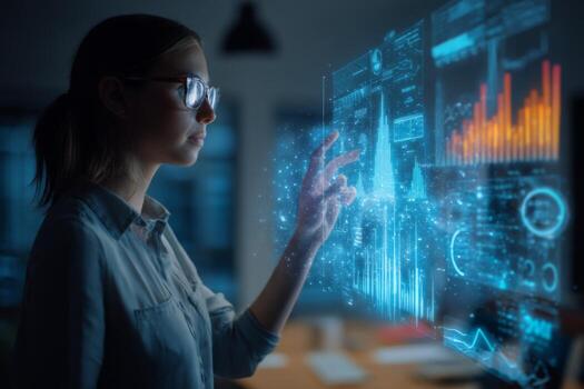 A woman is engaged with high-tech data displays, analyzing graphs and statistics in a contemporary office. The setting is illuminated by soft light, enhancing her focused expression photo