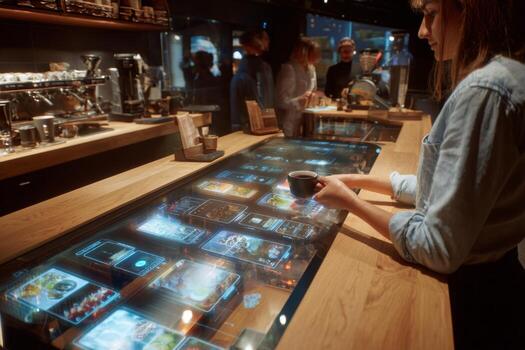Customer engages with a high-tech digital menu while holding a warm cup of coffee at a sophisticated cafe during the evening hours. The atmosphere is vibrant and inviting photo