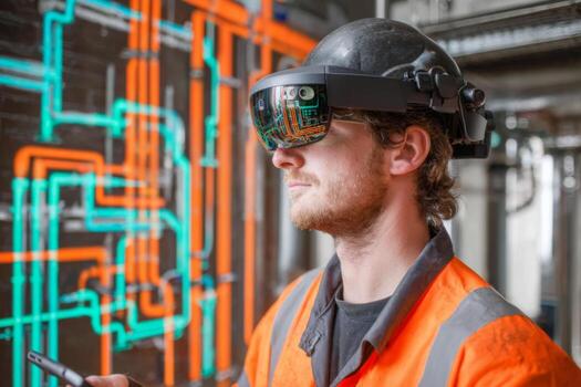 A construction worker wearing safety gear is focused on using augmented reality glasses while inspecting colorful data overlays on building infrastructure in the morning light photo