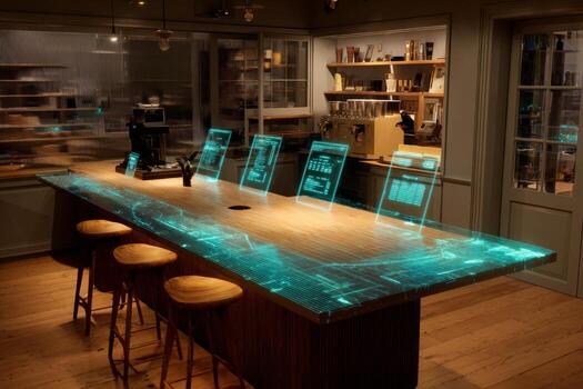 A cozy cafe showcases a sleek wooden counter with futuristic holographic displays. Customers can interact with digital menus, creating a unique dining experience photo