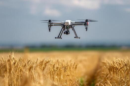 A drone hovers above a golden wheat field under a partly cloudy sky. The technology is used to survey crops, showcasing the integration of modern farming photo