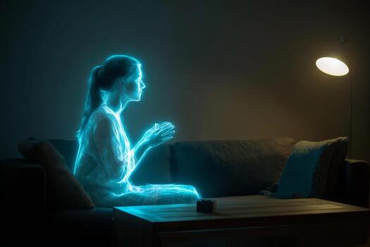 A holographic figure appears seated on a couch in a dimly lit living room. Soft light from a lamp illuminates the environment, creating a serene atmosphere photo