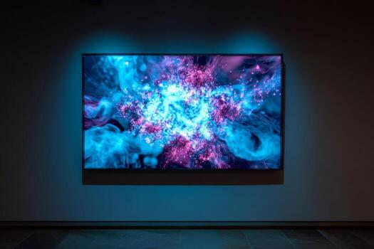 A captivating display of digital art illuminates a dark gallery with swirling blue and pink particles. The vibrant colors create a mesmerizing visual experience for viewers photo