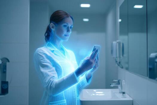 A scientist in a lab coat stands in a well-lit restroom, focused on their smartphone. A holographic effect surrounds them, highlighting advanced technology in the setting photo