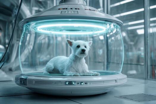 A small white dog is resting in a transparent containment pod within a bright, advanced laboratory. The environment showcases modern technology and design elements photo
