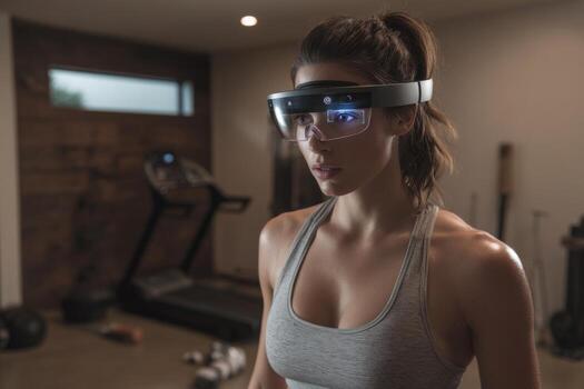 A person in a sleeveless top is engaged in a workout using augmented reality glasses. The stylish home gym features fitness equipment and ambient lighting, creating an energetic atmosphere photo