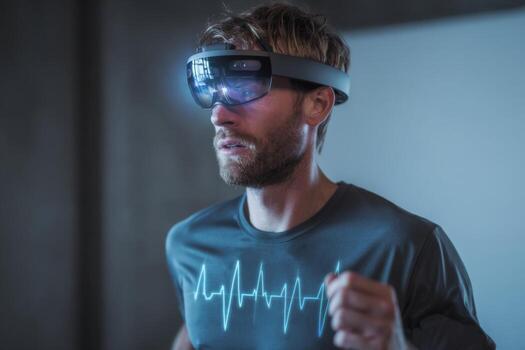 A man runs indoors, wearing a cutting-edge augmented reality headset that shows his heart rate and other health metrics. He is focused and engaged in an advanced fitness routine photo