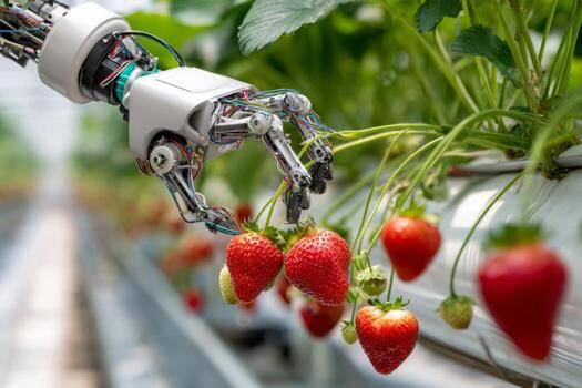 A robotic arm carefully selects ripe strawberries from plants in a greenhouse, demonstrating advanced agricultural technology and automation in sustainable farming practices photo