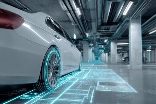 A sleek white vehicle is parked in a modern underground garage. Digital projections highlight the parking space and guidance pathways in a tech-savvy design photo
