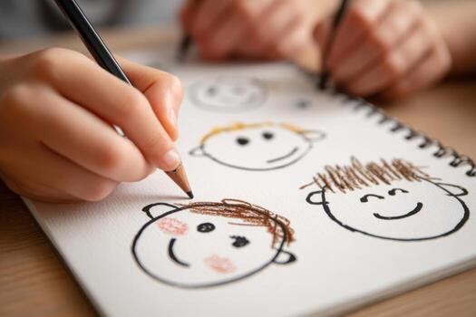 Joyful children engage in a creative drawing session at home, sketching smiling faces in a notebook with colored pencils, showcasing their artistic expression photo