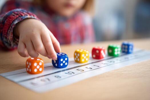 A young child is focused on aligning colorful dice on a number line, engaging in a playful counting exercise at home. This activity promotes learning through play photo