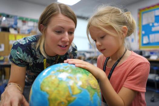 Teacher and student share an interactive learning experience in a classroom, studying a globe together. The atmosphere is friendly and informative, enhancing understanding of geography photo
